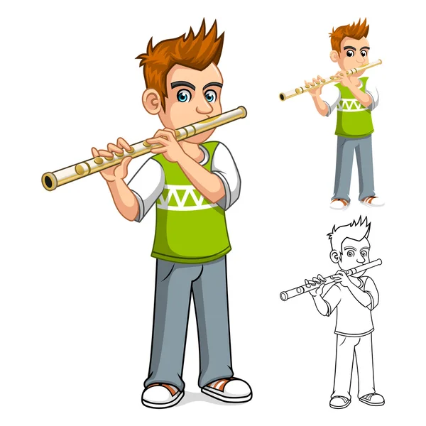 Boy Playing Flute Cartoon Character — Stock Vector