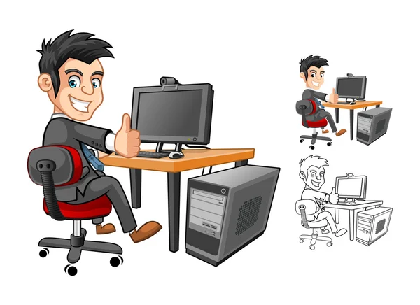 Homme d'affaires personnage de bande dessinée travaillant avec ordinateur — Image vectorielle