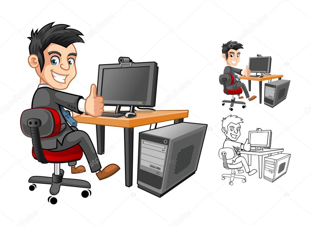Businessman Cartoon Character working with Computer
