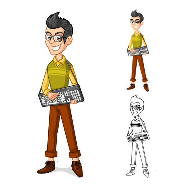 Geek Boy Mascota Personaje de dibujos animados que sostiene un teclado de ordenador — Vector de stock