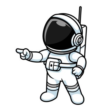 Çizgi film astronotu sol tarafı işaret ediyor. Rehberlik, talimat, yön bulma ve altını çizme bilgisi. Bilgi grafikleri, sunumlar, pankartlar ve kullanıcı arayüzü tasarımı için kullanışlı.