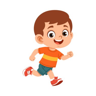 Hareketli bir şekilde koşan bir erkek karakterin düz tasarım çizimi. Çocuk eğitim içeriği, okul malzemeleri, öğrenim uygulamaları, sunumlar, posterler, web siteleri ve çocuk odaklı tasarımlar için basit ve neşeli bir tarz..