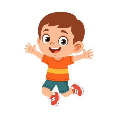 Mutlu ve enerjik bir pozda zıplayan bir erkek karakterin düz tasarım çizimi. Çocuk eğitim içeriği, okul malzemeleri, öğrenim uygulamaları, sunumlar, posterler, web siteleri ve çocuk odaklı tasarımlar için basit ve eğlenceli bir tarz.