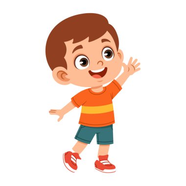 Flat design illustration of a boy character reaching up in a stretching pose. Simple and active style suitable for children education content, school materials, learning apps, presentations, posters, websites, and kid focused designs.