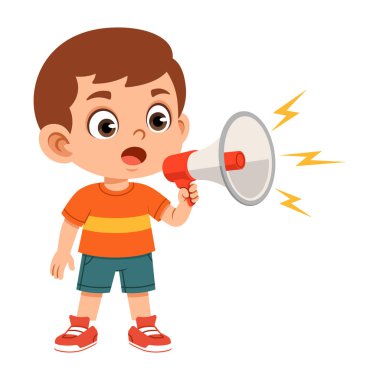 Elinde megafon tutan bir erkek karakterin düz tasarım çizimi. İletişim temaları, anonslar, halk konuşmaları, okul etkinlikleri, eğitim materyalleri, çocuk uygulamaları, web siteleri ve çocuk dostu tasarımlar için elverişli.