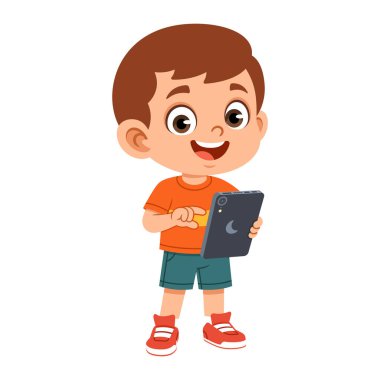 Tablet tutan bir erkek karakterin düz tasarım çizimi. Dijital öğrenme, çevrimiçi eğitim, modern sınıf kavramları, teknoloji temaları, okul malzemeleri, çocuk uygulamaları, web siteleri ve çocuk dostu tasarımlar için elverişli.