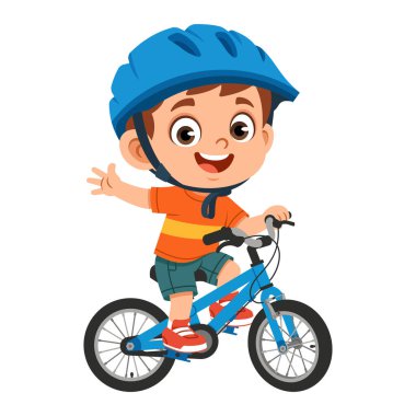 Kasklı bisiklet süren bir çocuğun düz vektör çizimi. Açık hava aktivitelerini, bisiklet güvenliğini ve sağlıklı çocukluk oyunlarını temsil eden çocuk karakteri. Çocuk eğitimi ve spor içeriği için uygun.
