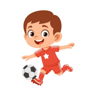 Çocuk parkında futbol topu tekmeleyen bir çocuğun düz vektör çizimi. Açık hava sporlarını, fiziksel aktiviteleri ve sağlıklı çocukluk oyunlarını temsil eden aktif çocuk karakteri. Çocuk eğitimi ve spor içeriği için uygun.