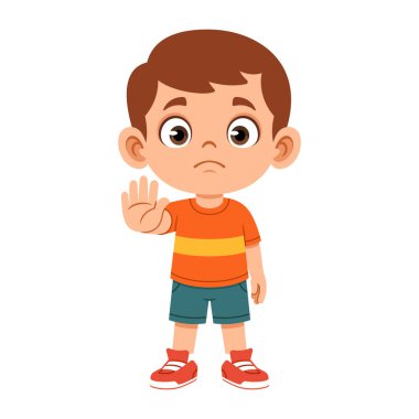 Düz stil çocuk karakteri, avuç içi açık el hareketi yapıyor. Güvenlik işaretleri, sınıf kuralları, posterler, davranış yönetimi ve bilgi tasarımı için temiz vektör çizimi ideal.