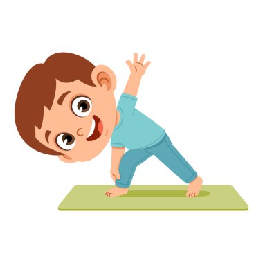 Çocuk yoga üçgeni pozu veren bir çocuğun düz vektör çizimi. Farkındalığı, dengeyi, esnekliği ve sağlıklı fiziksel aktiviteyi temsil eden çocuk karakteri. Çocuk eğitimi ve refahı için uygundur..