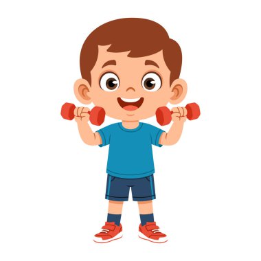 Düz çocuk iki eliyle dambıl kaldırıyor. Fitness, sağlıklı yaşam tarzı, çocuk sporu, okul aktivitesi ve motivasyon tasarımı için temiz vektör çizimi.