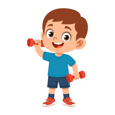 Düz çocuk bir eliyle küçük dambılları kaldırıyor. Fitness, sağlıklı yaşam tarzı, fiziksel aktivite, okul sporları ve motivasyon tasarımı için temiz vektör çizimi.