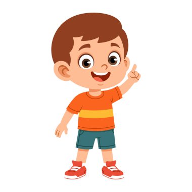 Düz stil çocuk karakteri net bir el hareketiyle işaret ediyor. Yönsel işaretler, sınıf materyalleri, posterler, bilgi grafikleri ve eğitim tasarım unsurları için temiz vektör illüstrasyonu ideal.