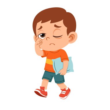 Çizgi filmci çocuk yarı kapalı gözlerle bir gözünü ovuşturup yastığını tutuyor ve uykulu bir ifade sergiliyor. Duygusal grafikler, uyku temaları ve çocukların eğitim materyalleri için ideal..