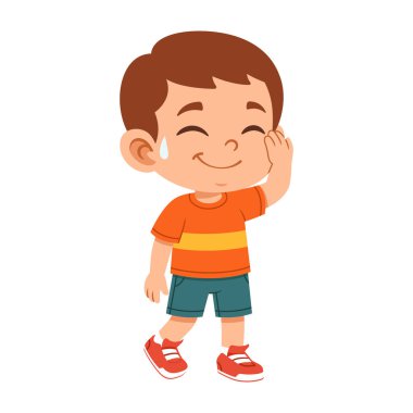 Düz çizgi film çocuğu, rahat gülüşü ve hafifçe kaldırılmış elleri ile rahatlamış bir ifade sergiliyor. Duygusal tablolar, çocuk posterleri, çıkartmalar ve eğitim malzemeleri için harika..