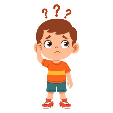 Kafasını işaret eden kafası karışmış çizgi film çocuğu. Duygusal tablolar, çocukların eğitim materyalleri, sınıf posterleri ve çıkartma tasarımı için ideal.