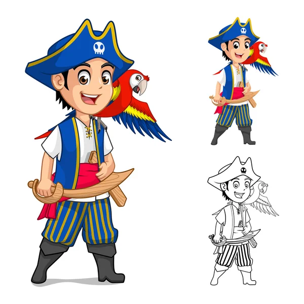 Kid pirát drží dřevěný meč s Scarlet Mawaw pták kreslená postavička — Stockový vektor