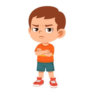 Kolları çapraz ve ciddi yüzlü düz çizgi film çocuğu. Duygusal tablolar, çocuk posterleri ve eğitim içeriği için harika..