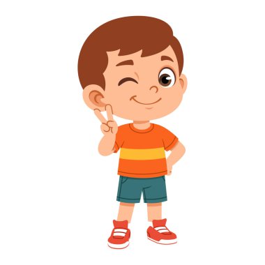 Düz çizgi filmci çocuk geniş bir gülümsemeyle ve barış işareti göstererek göz kırpıyor. Duygusal tablolar, çocuk posterleri, çıkartmalar ve eğitim malzemeleri için ideal..