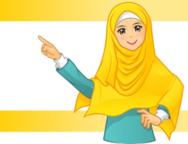 Muslim Woman Wearing Yellow Veil with Pointing Arms clipart