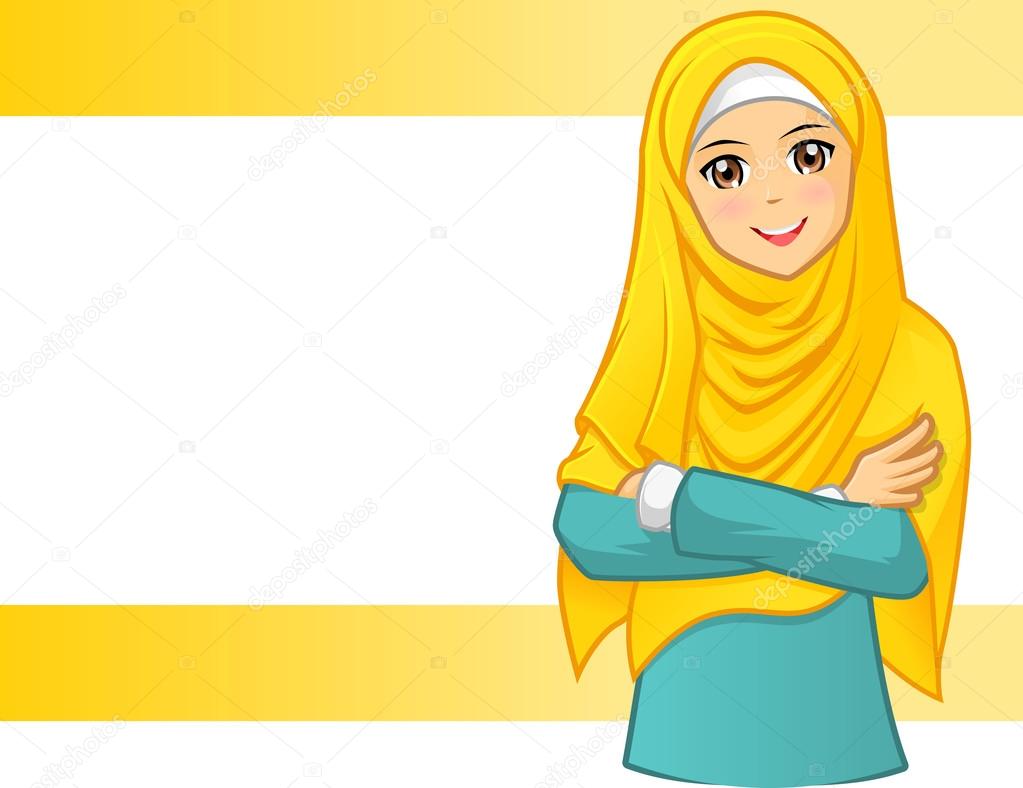 Muslim Woman Wearing Yellow Veil with Folded Arms