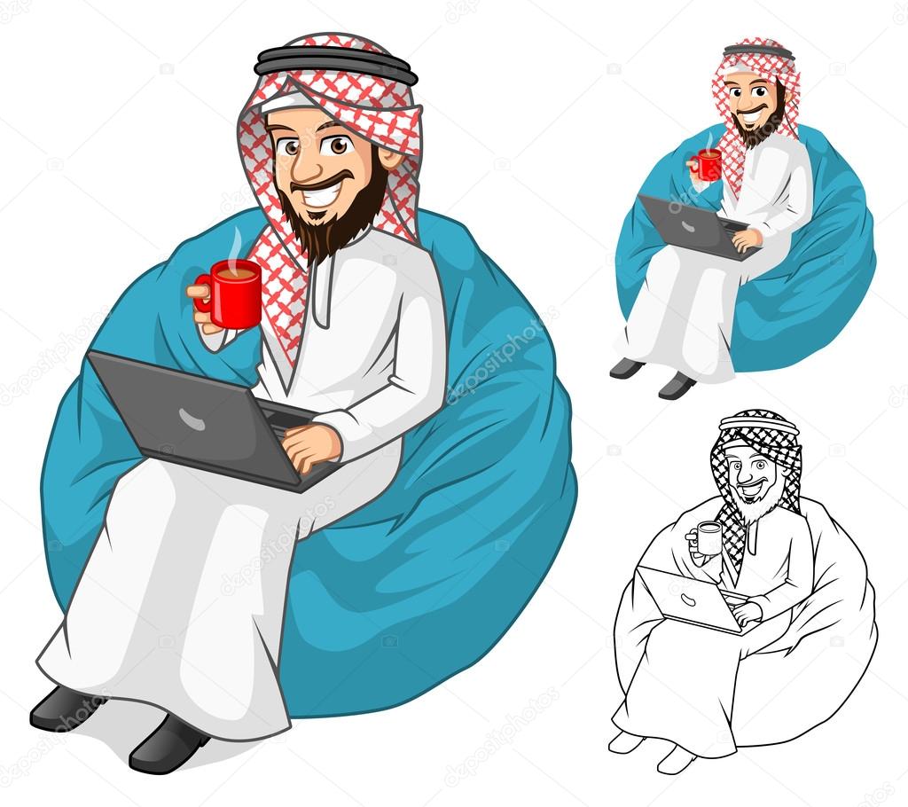 Middle Eastern Businessman Holding a Cup of Coffee and Notebook with Sit Pose