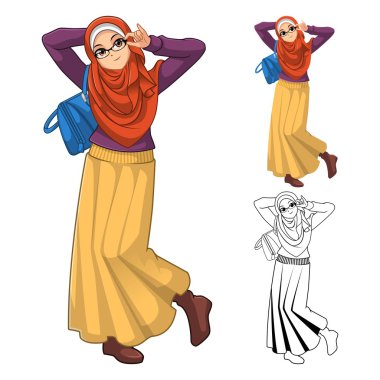 Turuncu peçe veya eşarp mavi çanta ve etek kıyafet giyen Müslüman kadın moda