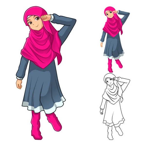 Musulmană fată de modă purtând voal roz sau eșarfă cu rochie și cizme — Vector de stoc