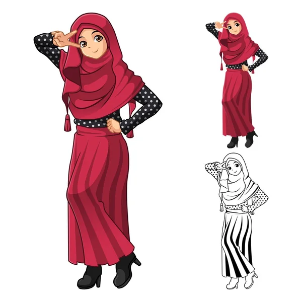 Muslim Girl Fashion Wearing Red Veil atau Scarf with Polka Dots dan Skirt Outfit - Stok Vektor