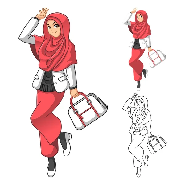 Femeia musulmană poartă voal roz sau eșarfă cu o geantă și o ținută casual — Vector de stoc