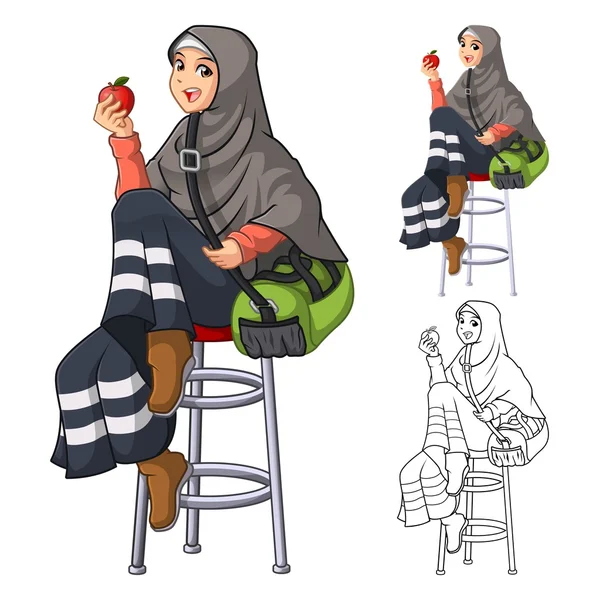 Femme musulmane Mode port voile ou écharpe avec pose assise et tenant une pomme et sac vert dans ses bras — Image vectorielle