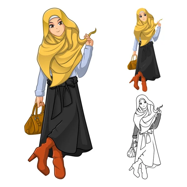Мусульманську жінку мода носити жовті вуаль або шарф з проведення коричневу сумку і стильне спорядження — стоковий вектор