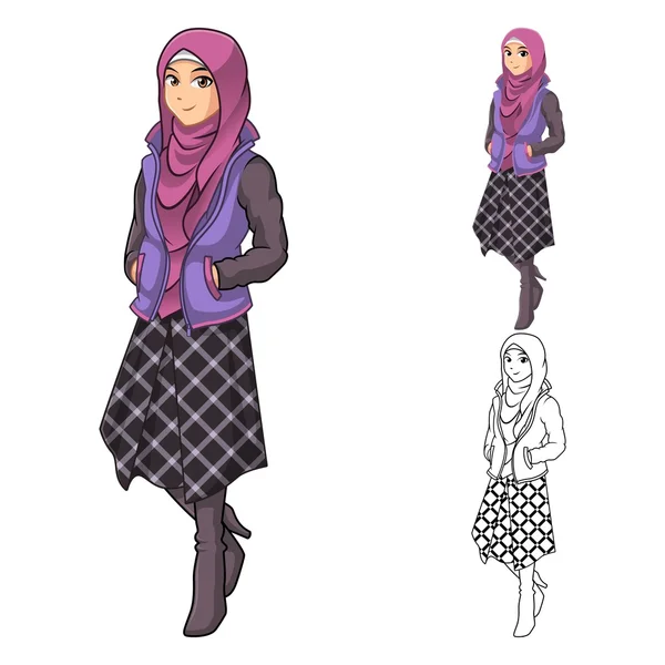 Muzułmańska kobieta moda na sobie fioletowy welon lub szalik, kurtka i linii spódnica strój — Wektor stockowy