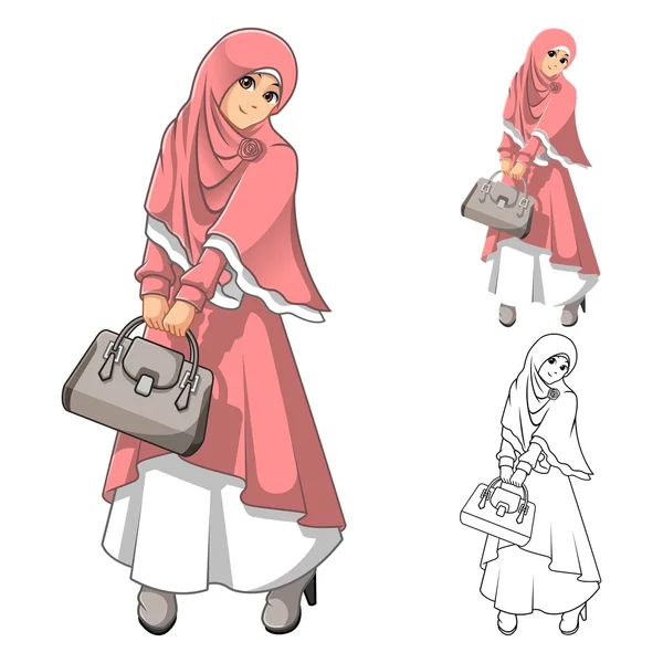 Mode de femme musulmane portant le voile rose ou l'écharpe et la tenue de robe avec tenant un sac — Image vectorielle