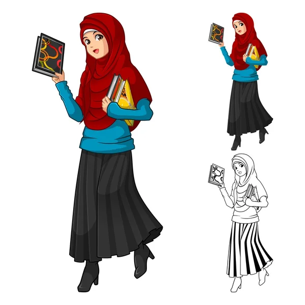 Muslim Woman Fashion Wearing Red Veil or Scarf with Holding a Books - Stok Vektor