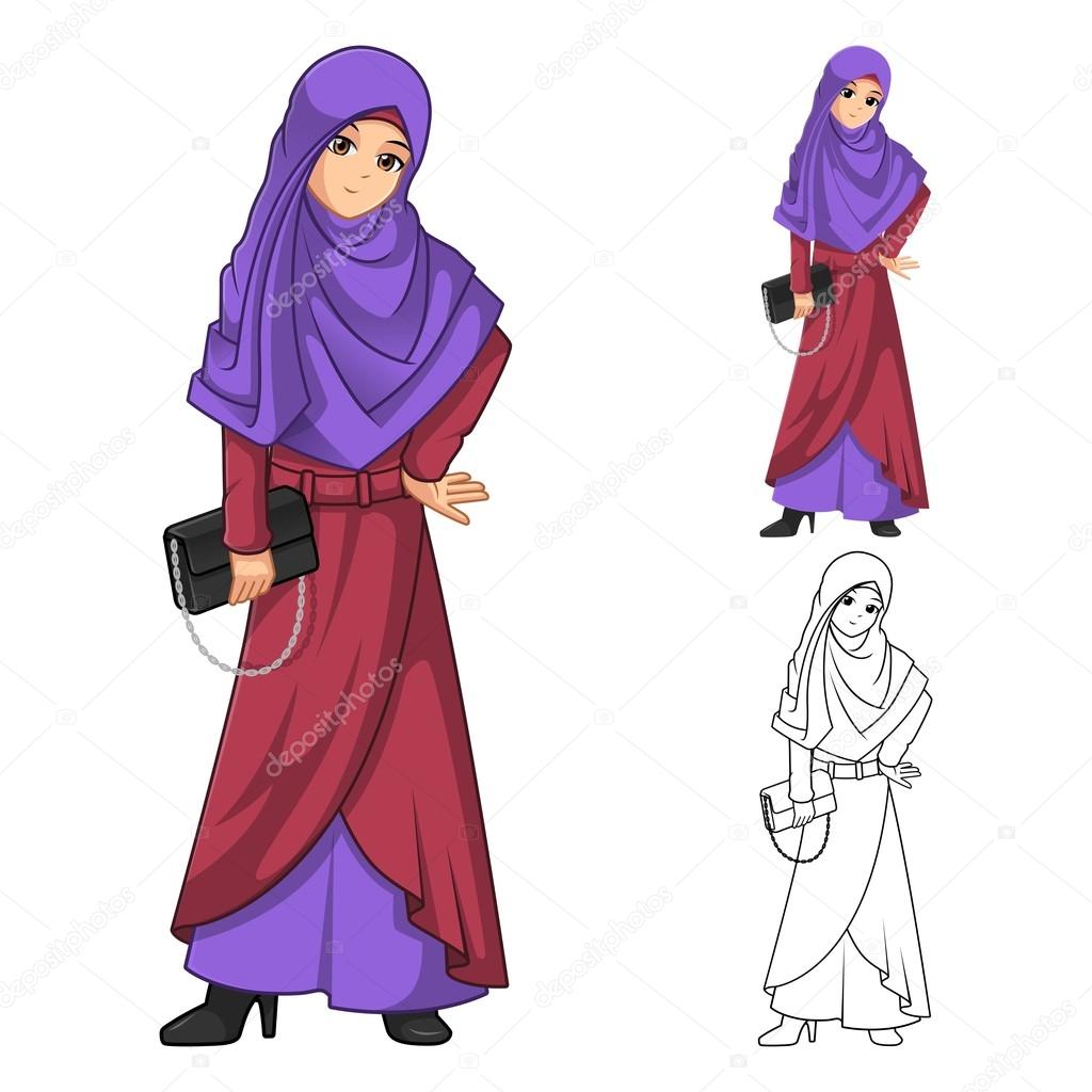 Muslim Woman Fashion Wearing Purple Veil or Scarf with Holding a Black Handbag
