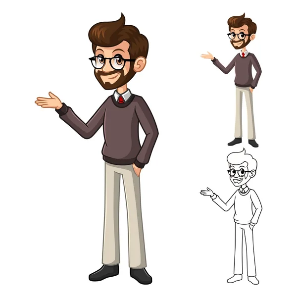 Hombre de negocios con gafas con un teléfono inteligente y un personaje de dibujos animados maletín — Vector de stock