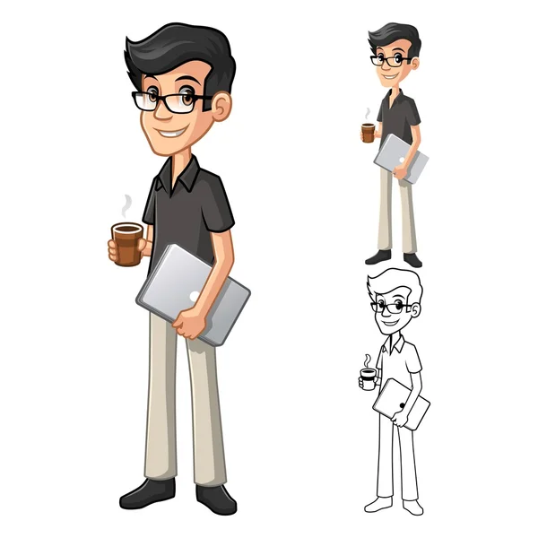 Hombre Geek con gafas sosteniendo un café y personaje de dibujos animados portátil — Vector de stock