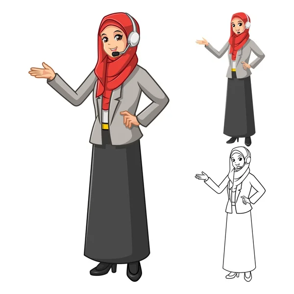 Muslimische Geschäftsfrau mit rotem Schleier oder Schal mit freundlichen Händen und Kopfhörer — Stockvektor
