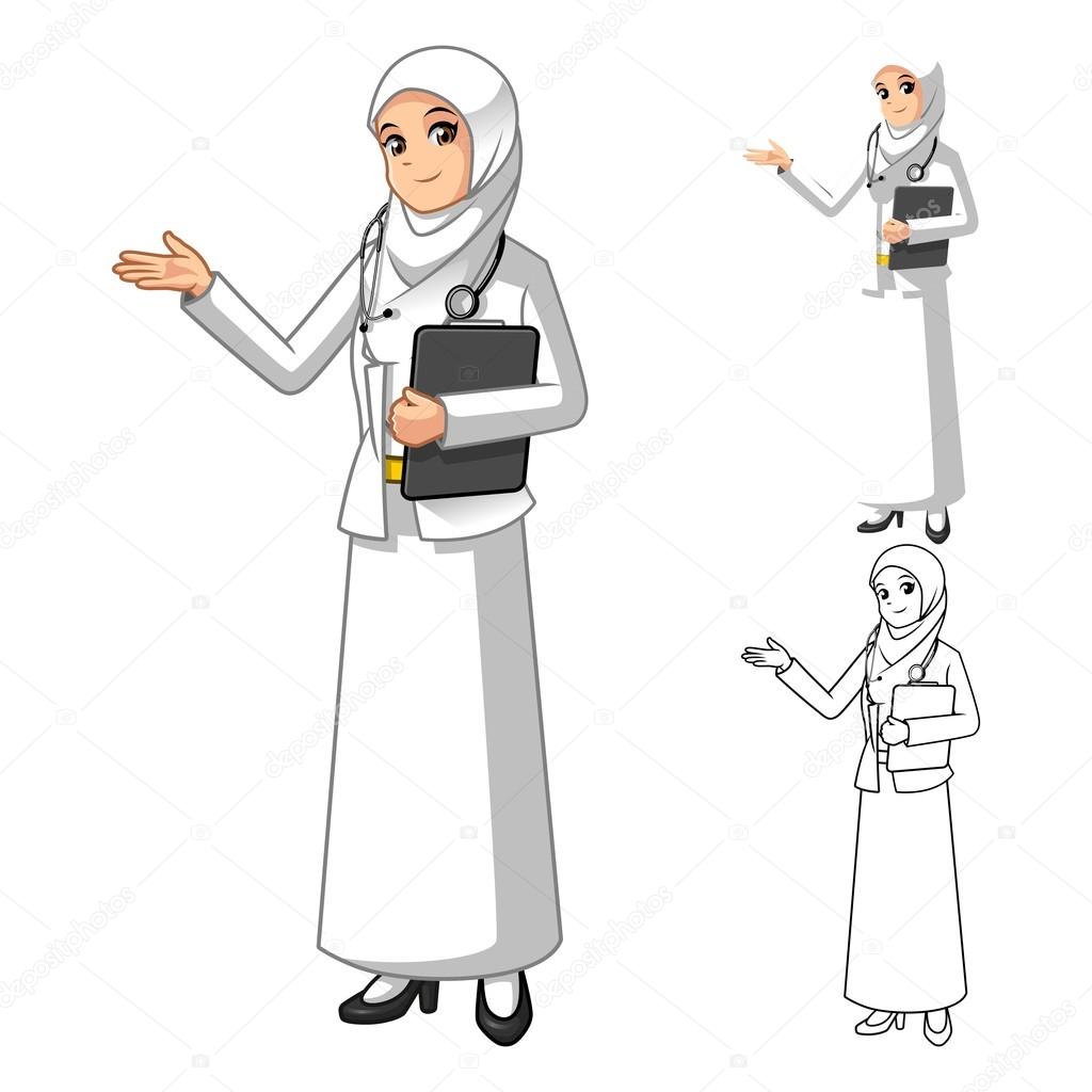 Muslim Woman Doctor Wearing White Veil or Scarf with Welcoming Hands