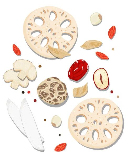 beautiful Flat Lay Food style vector illustration of  ingredient, isolated on white background. Chinese traditional herb. mushroom, red dates, goji berry, chinese yam, lily bulb, lotus root,lotus seed