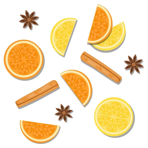 Vektör illüstrasyonu, dilimlenmiş taze malzemelerin üst görüntüsünü kapatır. Limon, portakal, sarı, taze, tarçın çubuğu, yıldız anason,