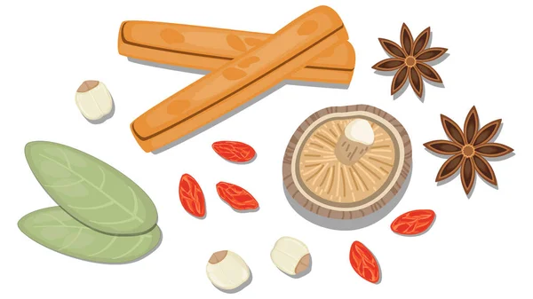 Flat Lay Food style vector illustration of  ingredient, isolated on white background. Chinese traditional herb. cinnamon stick, goji berry, wolfberries, mushroom, shiitake, star anise, bay leaf.