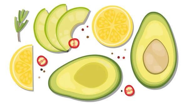 Vector Illustration Close Top View Fresh Ingredient Sliced Avocado Lemon — Stock Vector