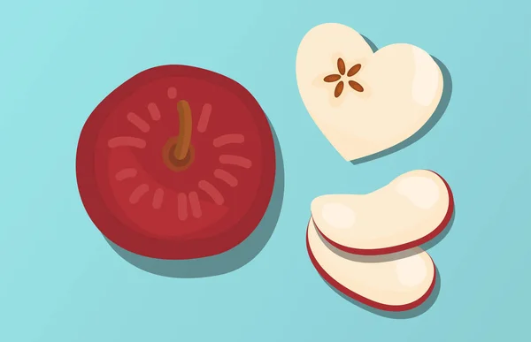 フルーツカットのベクトルとハート型のスライス バレンタインデー 健康的な食事のためのアイデア 青の背景で隔離されたアップル — ストックベクタ