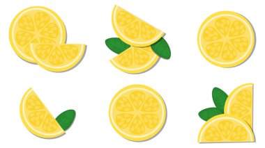 Vektör illüstrasyonu, dilimlenmiş taze malzemelerin üst görüntüsünü kapatır. Limon, sarı, taze,