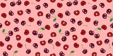 Pembe arka planda izole edilmiş güzel, pürüzsüz kırmızı kiraz desenli vektör çizimi. Kiraz, yarım dilimlenmiş, dilimlenmiş.,