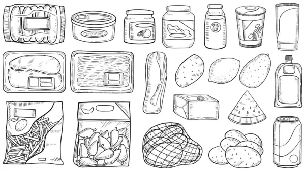 Grocery Items Freehand Sketch Drawing Style Black White Color Set — Stock Vector