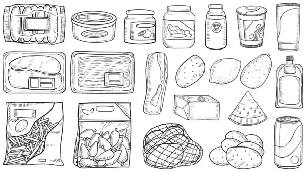 잡동사니는 흑백으로 스케치하는 스타일을 자유자재로 보여준다 프랑스 슈퍼마켓 식료품 — 스톡 벡터