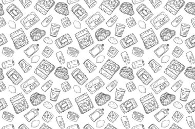 Çeşitli market ıvır zıvırlarının kusursuz deseni. Paket, kutu, kutu, kutu, malzeme, taze, yemek, klasik çizim çizim çizim tarzı. 